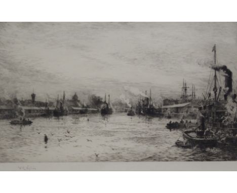 WILLIAM LIONEL WYLLIE RA, RE, RBA, RI, NEA (BRITISH 1851 - 1931) THE CLYDE AT GLASGOW Drypoint etching, signed, 22.5 x 38cm (