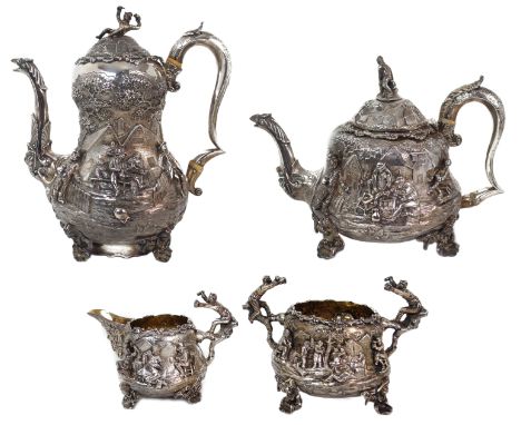 An early Victorian four piece silver tea and coffee service by Edward Farrell, London 1844, comprising; coffee pot, teapot, c