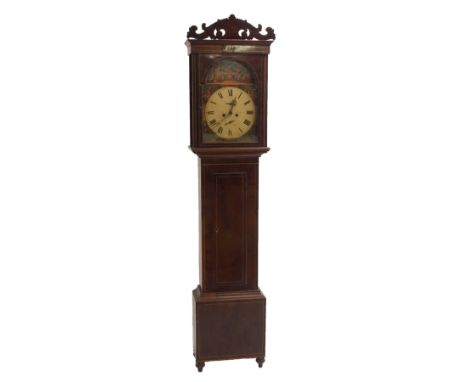 A 19th Century mahogany longcase clock the painted face with 'The Cottars Saturday Night' and figure spandrels, inscribed Joh