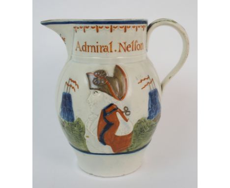 A 19th Century pearlware jug with acanthus moulded handle with titled portrait busts of Admiral Nelson and Captain Berry, pai