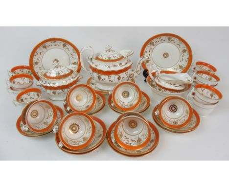 An English porcelain part tea and coffee service circa 1835, painted with an orange band and gilt decoration of trailing vine