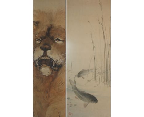 A Chinese scroll painting of carp amongst rushes signed, 107cm x 41cm and a scroll painting of a lion's head, watercolour, 11
