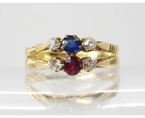 An 18ct gold ruby, sapphire and diamond ring with Chester hallmarks for 1902, diamonds estimated approx combined 0.20cts, fin