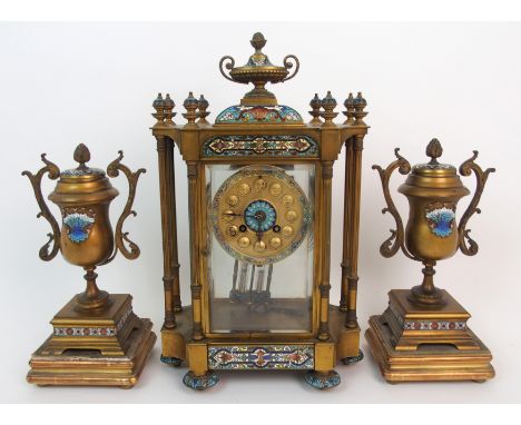 A French Champleve enamel and brass mantle clock the floating dial with numbers, marked to the back Marque Depose, 7822 4.8, 