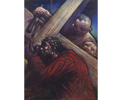 •PETER HOWSON OBE (SCOTTISH B. 1958) CHRIST CARRYING THE CROSS Pastel, signed, 61 x 46cm (24 x 18")