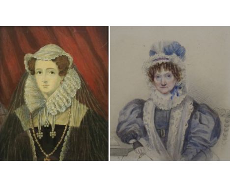 SCOTTISH SCHOOL (19TH CENTURY) PORTRAIT OF MARY QUEEN OF SCOTS; PORTRAIT OF A LADY IN A LACE BONNET Watercolour with white, 1