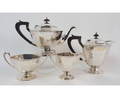 A four piece silver tea service by James Carr (of Aberdeen), Sheffield 1930, of tapering octagonal shape on matching stepped 