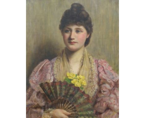 MARY ESTHER GREENHILL (BRITISH FL. 1880 - 1909) PORTRAIT OF A LADY WITH A FAN Oil on canvas, signed, 53.5 x 43cm (21 x 17")