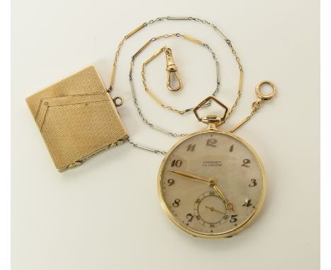 A stylish pocket watch, chain and lighter set, in fitted box the pocket watch is 9ct with a mother of pearl dial with gold Ar