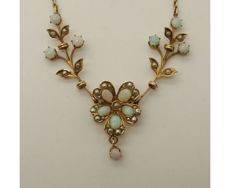 A 9ct gold Victorian opal and pearl pansy flower necklace length of gem set area 7.5cm, 2.3cm length of pansy element, length