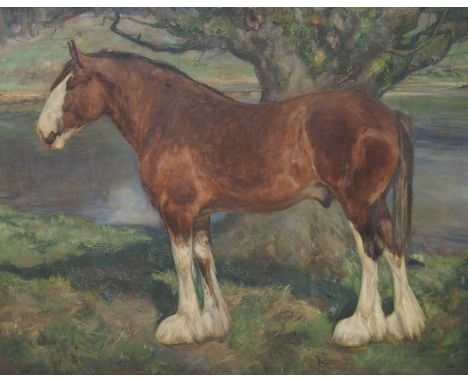 STUART REID (SCOTTISH 19TH/20TH CENTURY) A CLYDESDALE HORSE UNDER A TREE BY THE WATER'S EDGE Oil on canvas, signed, 87 x 112.