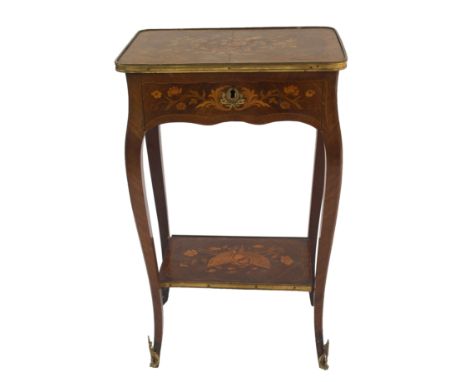 A Louis XV style rosewood marquetry side table with floral quarter-veneered top above a drawer and shelf with armorial trophi