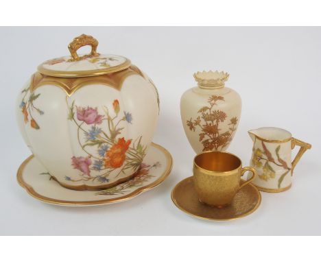 A Royal Worcester biscuit barrel, lid and stand painted with colourful flowers on an ivory ground, shape no 1412, 17.5cm high