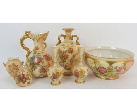 A collection of Royal Worcester blush ivory porcelain including a 1453 bowl, a 1507 jug, a 1430 urn, a pair of 1661 spill vas