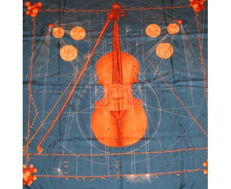 A HERMES VIOLIA MEDICI SILK SCARF in dark green and orange, with label, in original Hermes orange box, 90 x 90cm (35 x 35")