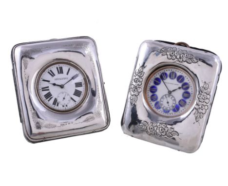  Two silver mounted travelling watch cases,   one engraved with flower spandrels by Henry Clifford Davis, Birmingham 1921, co