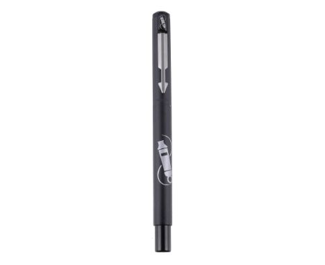  Parker, The Disaster Relief Pen, a vector matte black rollerball pen,   the cap with a clip, the barrel with a whistle logo,