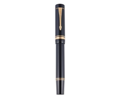  Parker, Duofold, Centennial, a black fountain pen,   the cap with arrow clip and double cap band, the nib stamped 18K 750, c