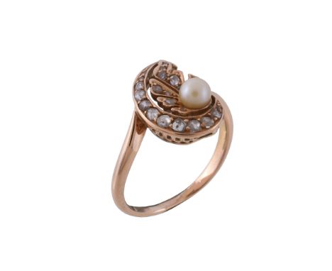  An early 20th century cultured pearl and rose cut diamond ring,   the cultured pearl within a foliate tear drop shaped surro