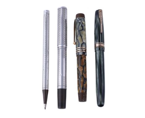  Parker, Duofold, a green and browned marbled fountain pen,   the cap with a gilt metal clip and triple cap band, the nib sta