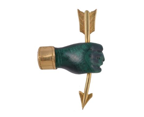  A Victorian carved stained green tigers eye brooch,   circa 1870, the tigers eye carved as a hand holding a gold arrow, with