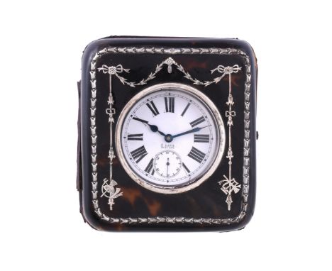 Ω A silver and tortoiseshell pique travelling watch case, unmarked, circa 1905, containing a nickel plated Goliath pocket wat