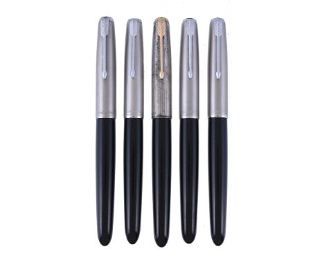 Parker, 51, a black fountain pen,   the brushed metal cap with an arrow clip, hooded nib, with an aerometric filling system;