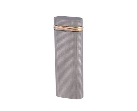  Cartier, a stainless steel lighter,   no. 89420P, with knurled decoration and trinity band, 7cm (2 3/4in) high, with a Must 