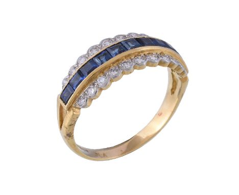  An 18 carat gold sapphire and diamond ring,   the central row of step cut sapphires channel set between brilliant cut diamon