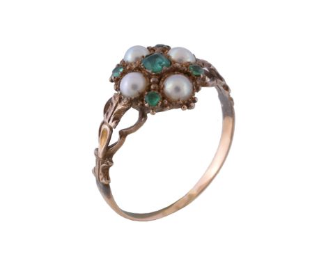  An early Victorian half pearl and emerald cluster ring,   circa 1850, the central rectangular cut emerald within a surround 