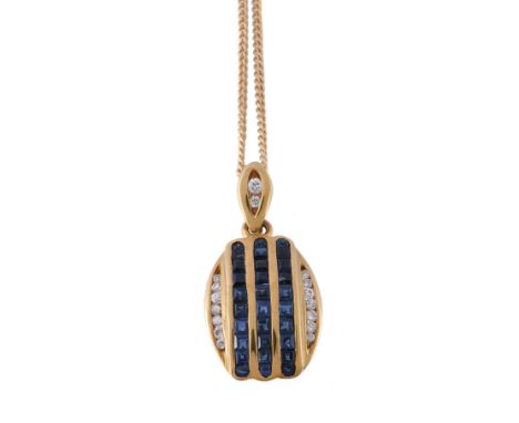  A sapphire and diamond pendant,   the panel set with three rows of step cut sapphires between brilliant cut diamonds, on a c