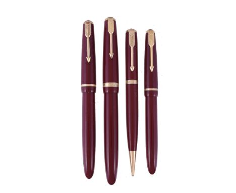  Parker, Maxima, a red fountain pen,   the cap with a gilt metal arrow clip and cap band, the nib stamped 14k, with a squeeze
