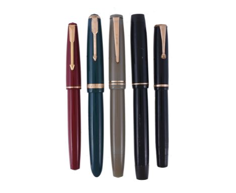  Parker, Duofold, a green fountain pen,   circa 1970, the cap with gilt metal arrow clip and cap band, the nib stamped 14K, b