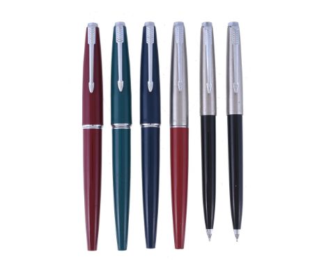  Parker, 45, a red fountain pen,   the brushed metal cap with an arrow clip, medium hooded nib, with a bar filling system; tw