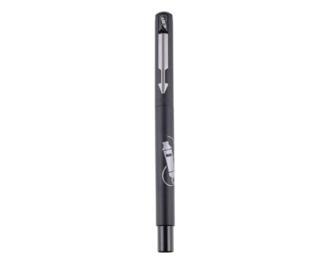  Parker, The Disaster Relief Pen, a vector matte black rollerball pen,   the cap with a clip, the barrel with a whistle logo,
