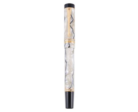  Parker, Duofold, a pearl and black rollerball pen,   the cap with gilt metal arrow clip and double cap band, with a Parker b