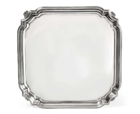 square and with shaped corners, with fluted panel feet and reeded rim20.5cm square, 12oz 11dwt, 452grFully marked underneath.