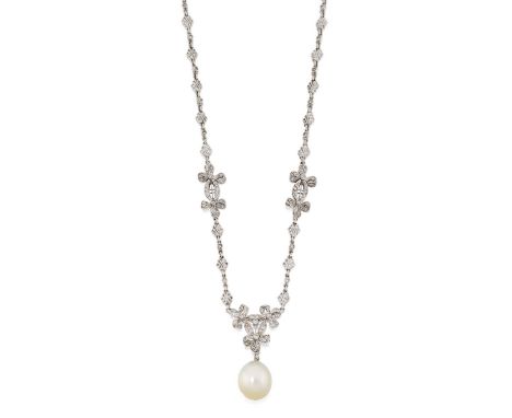 a trio of bow motifs set throughout with eight-cut diamonds suspends a cultured pearl drop, to a fancy link chain spaced by e