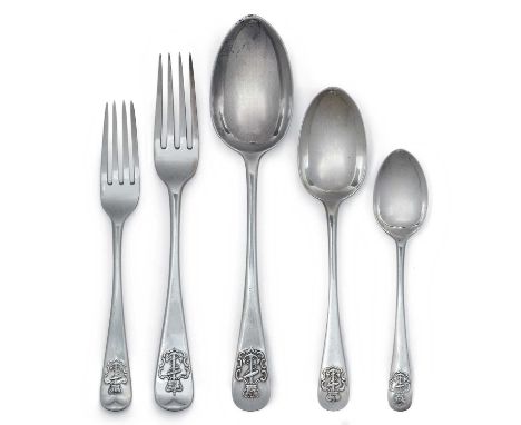 Admiralty pattern, most pieces engraved with a crest, comprising:6 table-spoons15 table-forks8 dessert-spoons12 dessert-forks