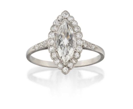 the marquise cut diamond within a border of eight-cut and old cut diamonds, in white claw and millegrain settings, to old cut