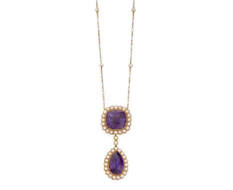 the cushion-shaped amethyst within a border of split pearls suspends a similarly set pear-shaped drop by two single split pea