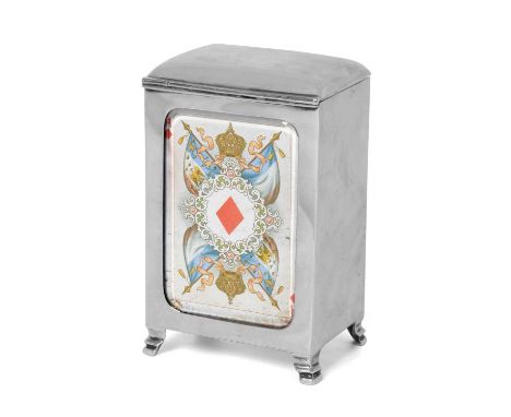 oblong and on four stepped block feet, the front and back each with a glazed panel revealing a playing card, the hinged cover