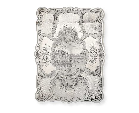 shaped oblong, with various engraved and engine-turned decoration, one side centring initials, the other a bucolic lake scene