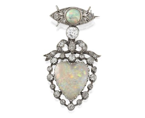 a round cabochon opal centrally within a lozenge frame set throughout with rose cut diamonds, suspends a single old cut diamo