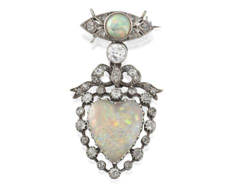 a round cabochon opal centrally within a lozenge frame set throughout with rose cut diamonds, suspends a single old cut diamo