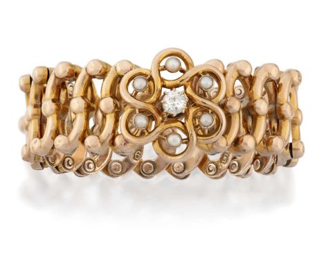 an old cut diamond, in yellow claw settings, within a border of six split pearls in a loop border, to an expanding bracelet f