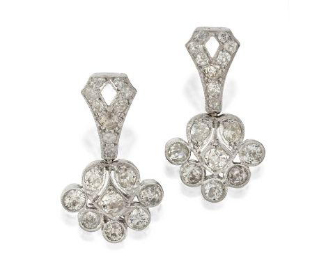 the tapering bars suspend a cluster set throughout with old cut diamonds, in white pierced millegrain settings, total estimat