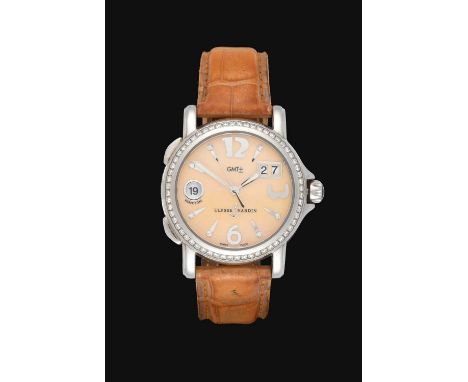 lever movement, mother of pearl dial with Arabic and dagger markers, date aperture at 2, 24-hour aperture at 9, centre second