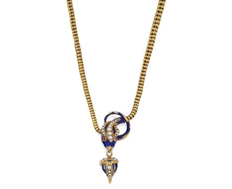 realistically modelled as a snake, the blue enamelled head set throughout with graduated split pearls and round cabochon garn