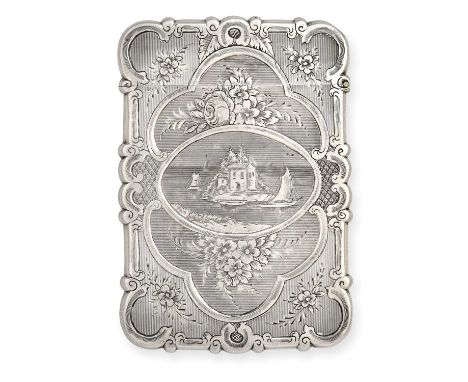 shaped oblong, with engine-turned and engraved decoration, one side engraved with initials, the other with a lake scene10.1cm